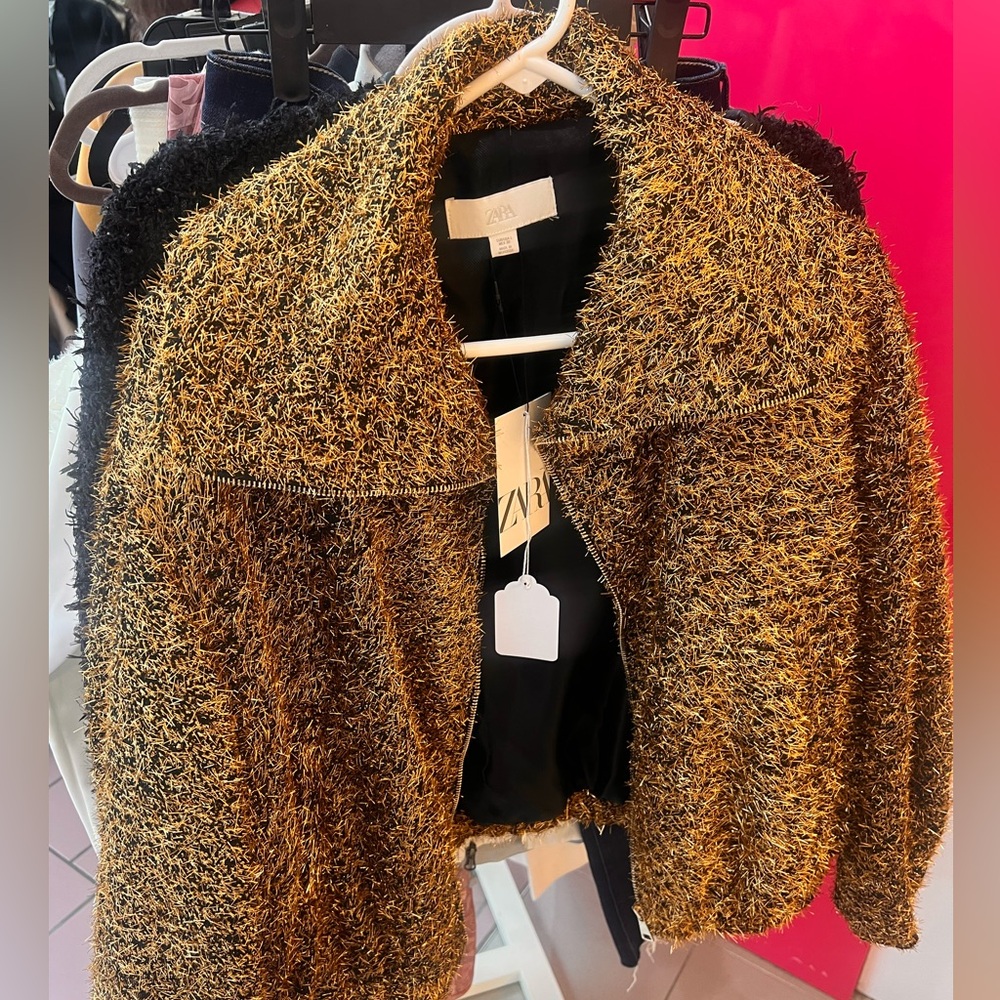 ZARA Metallic Textured Cropped Jacket - Gold/Black